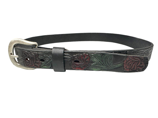 Black Leather Roses Belt