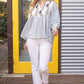 Embroidered Yoke Stripe Puff Sleeve Top