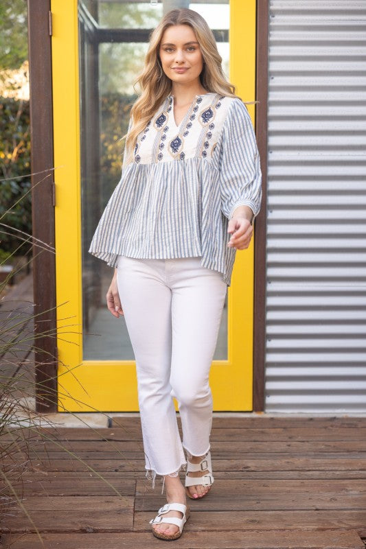 Embroidered Yoke Stripe Puff Sleeve Top