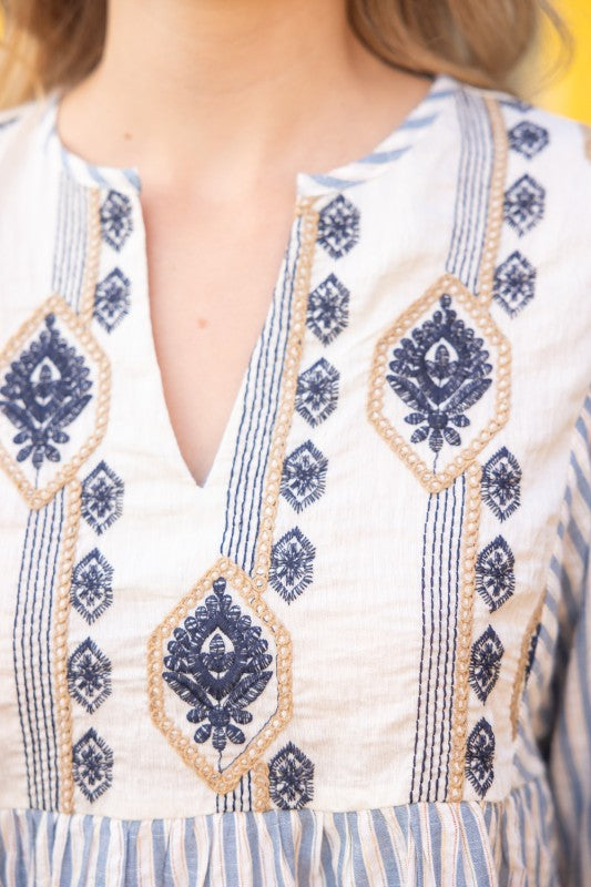 Embroidered Yoke Stripe Puff Sleeve Top