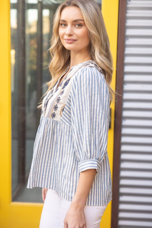 Embroidered Yoke Stripe Puff Sleeve Top