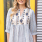 Embroidered Yoke Stripe Puff Sleeve Top