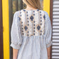Embroidered Yoke Stripe Puff Sleeve Top