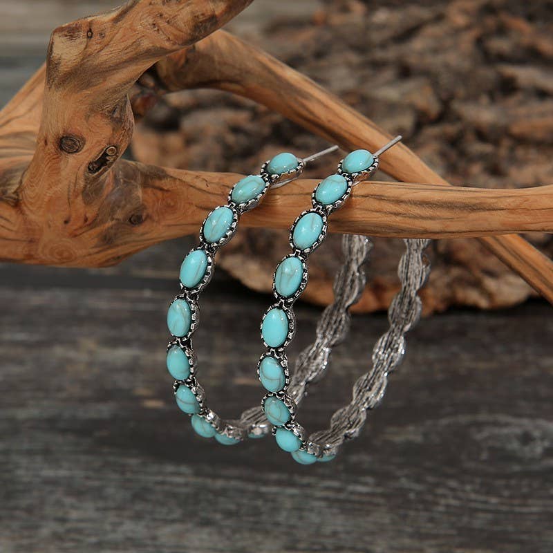WESTERN TURQ STONE HOOP EARRINGS ROUND