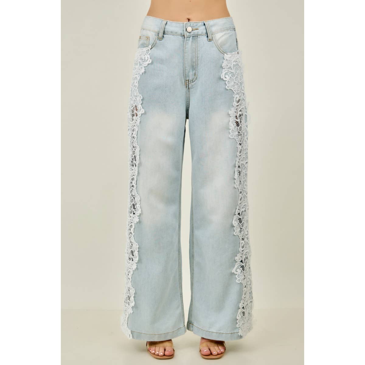 Preorder Floral Lace Side-Panel Wide-Leg Jeans | Denim/White