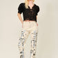 Lace Trim Puff Sleeve Button Blouse: BLACK