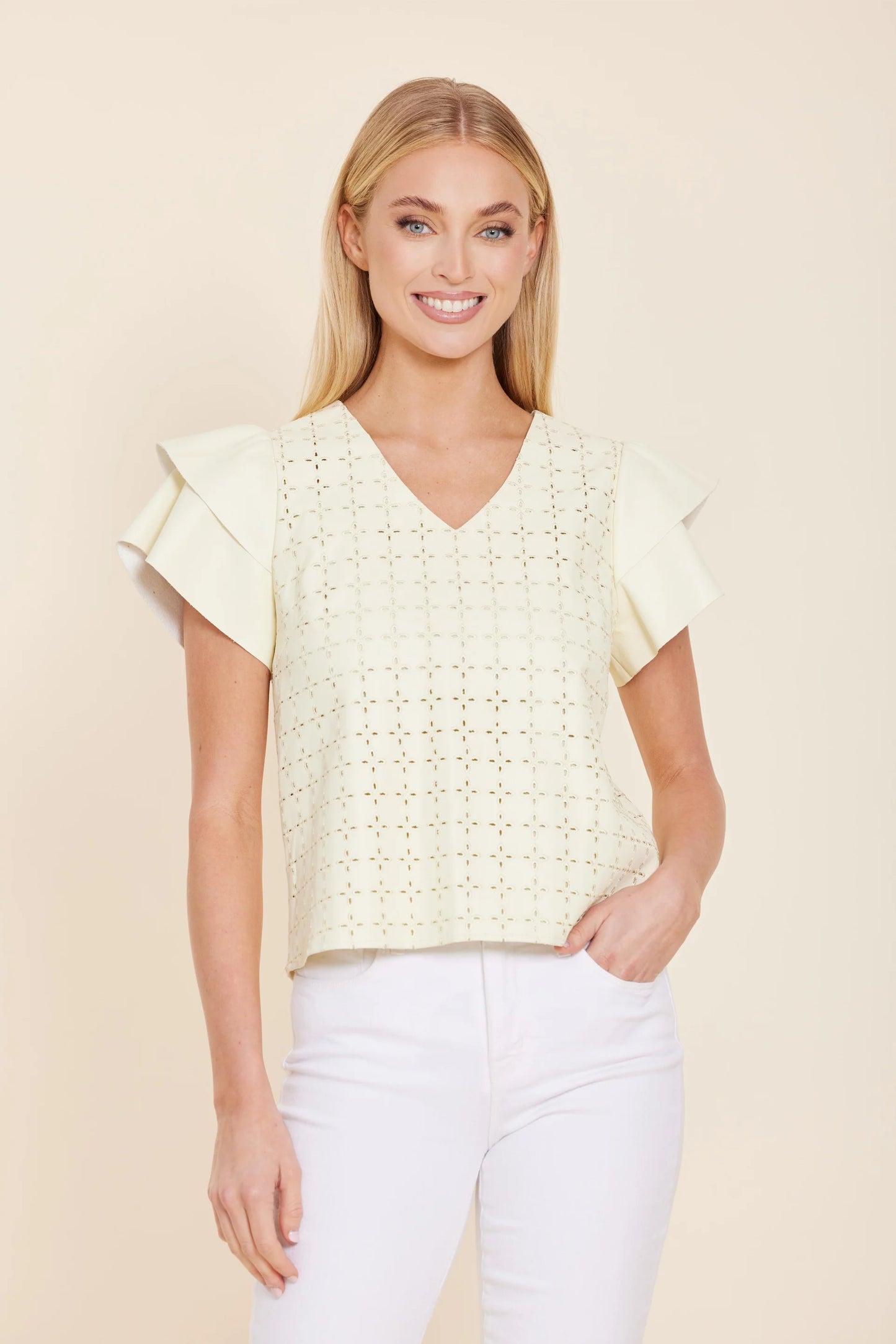 Vegan Leather Embroidered Flutter Sleeve Top