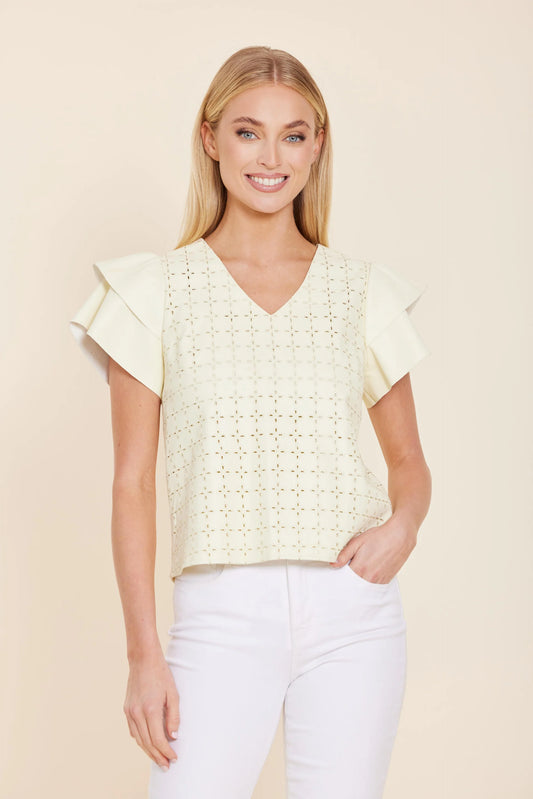 Vegan Leather Embroidered Flutter Sleeve Top