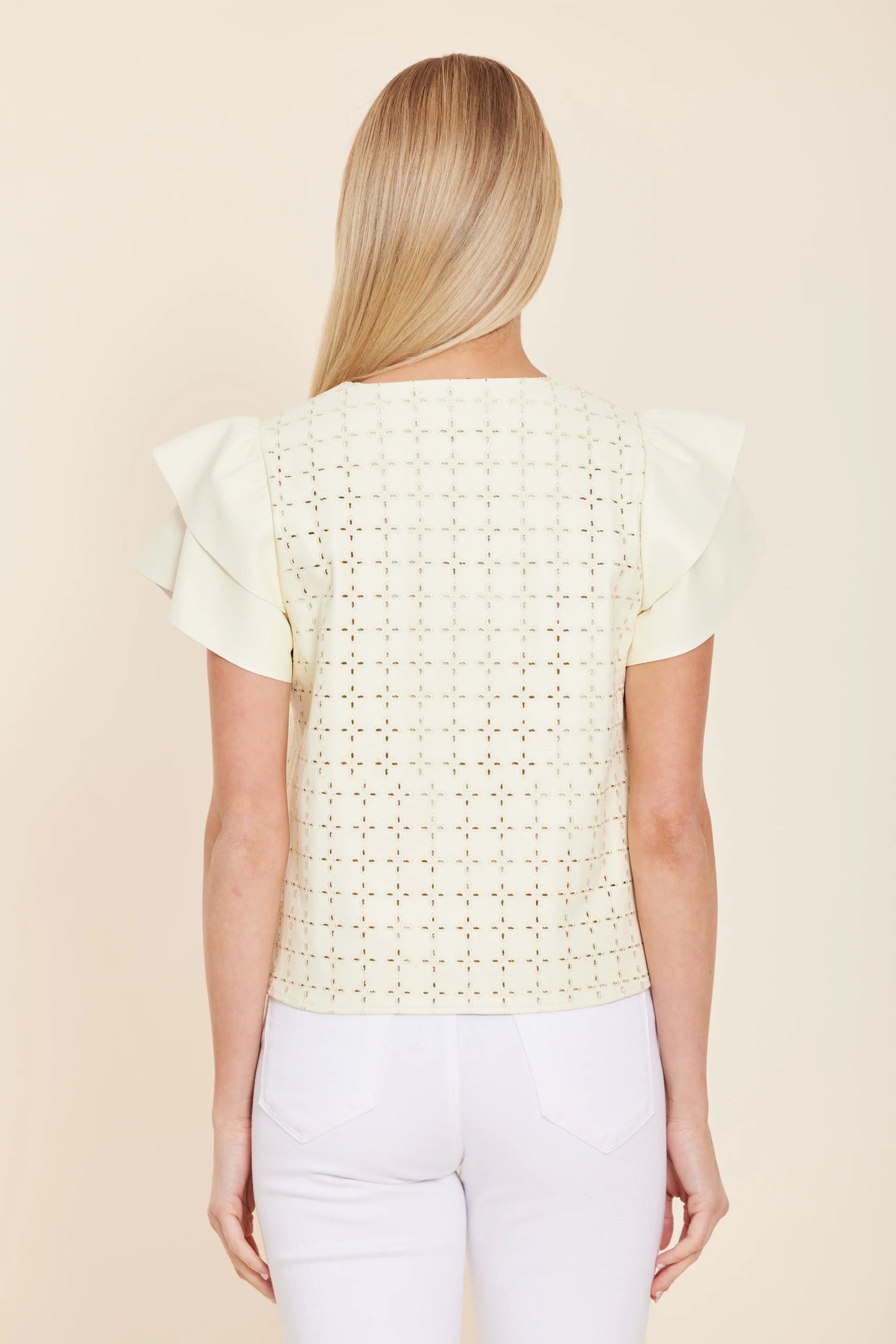 Vegan Leather Embroidered Flutter Sleeve Top