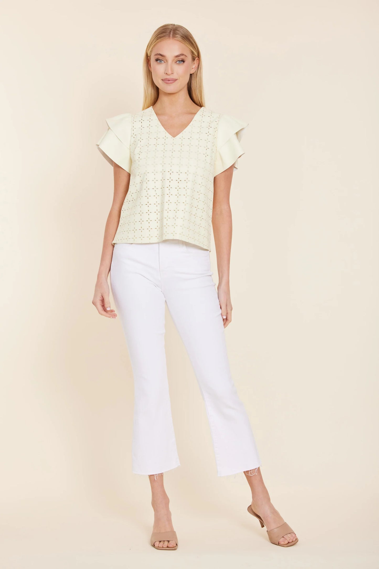 Vegan Leather Embroidered Flutter Sleeve Top