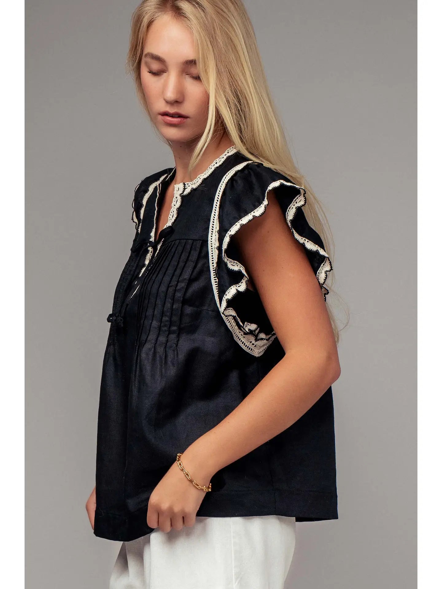 Lace Trim Pintuck Flutter Sleeve Blouse