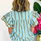 Sky Blue Double Ruffled Short Sleeve V Neck Blouse
