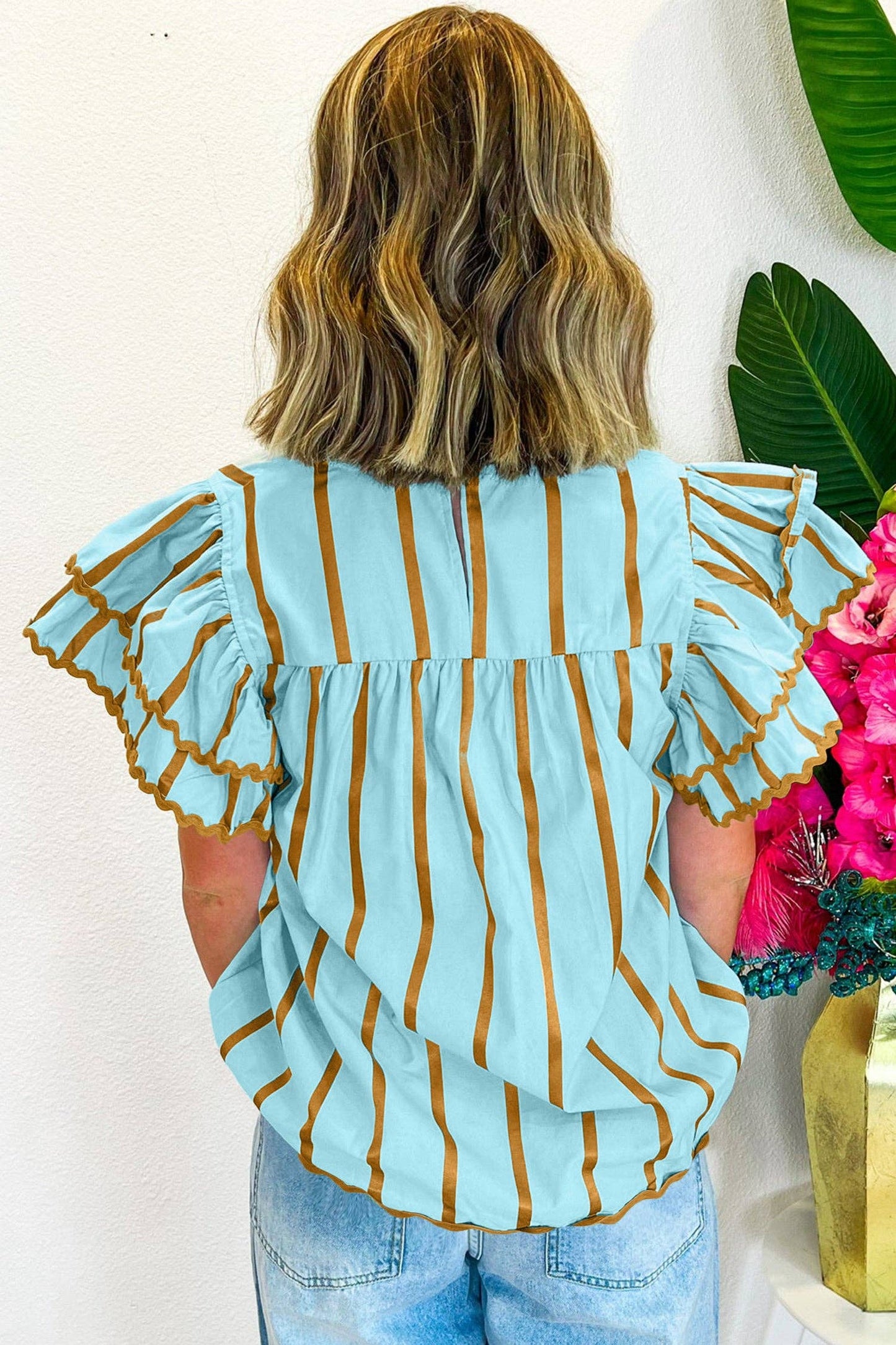 Sky Blue Double Ruffled Short Sleeve V Neck Blouse