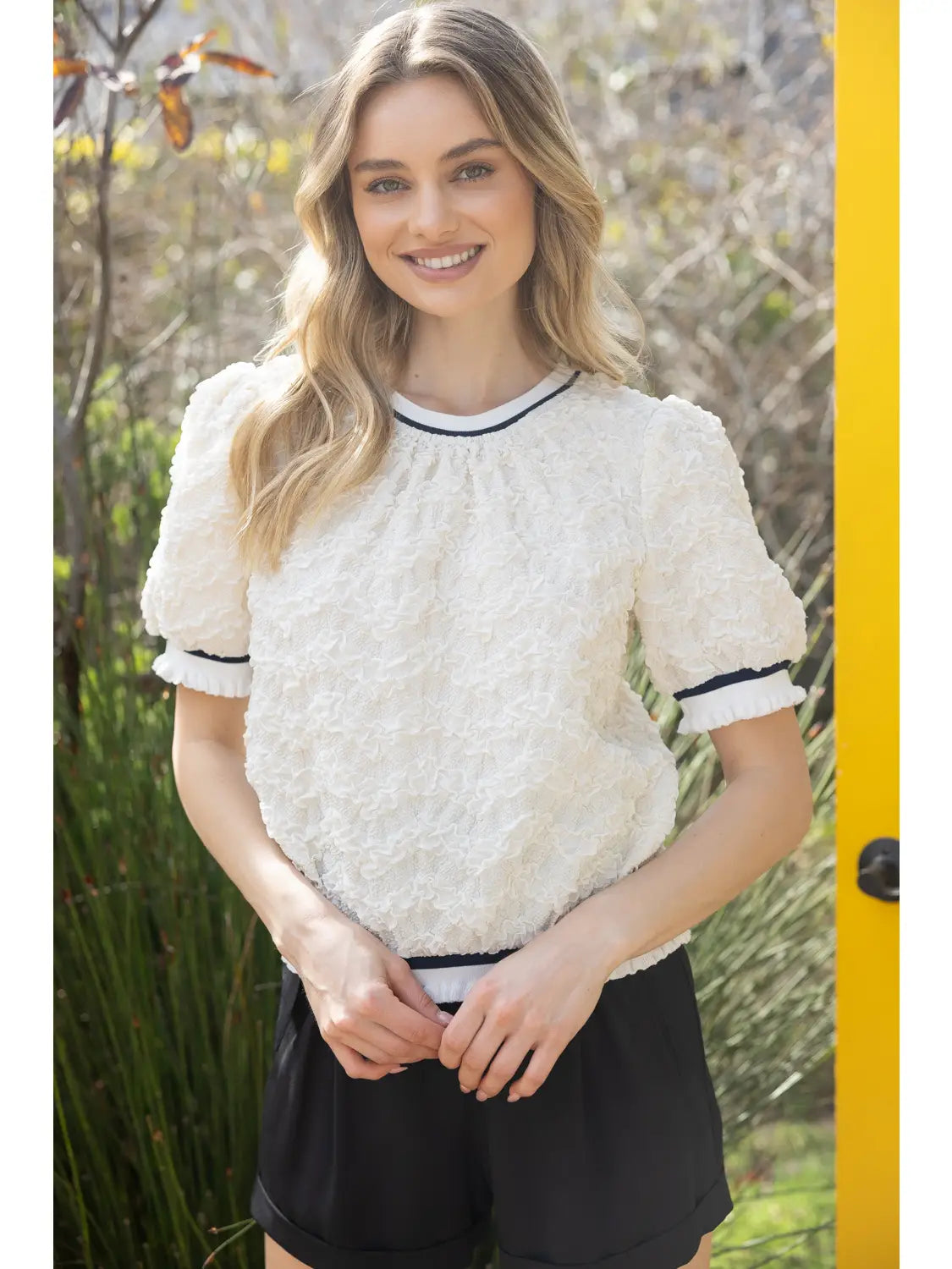 Short Puff Sleeve with Stripe Trim