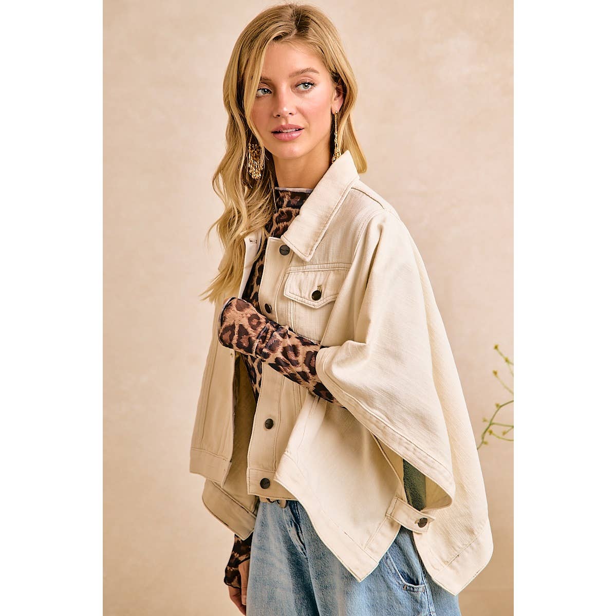 Preorder IVORY OVERSIZED CAPE SLEEVE CROPPED DENIM JACKET: IVORY