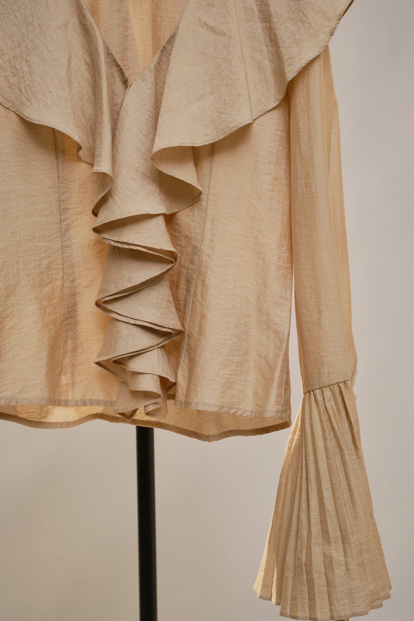 Khaki Pleated Ruffle Detail Blouse