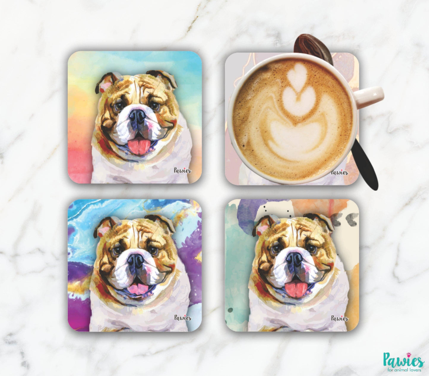 Bulldog Tan & White Set of 4 Coasters