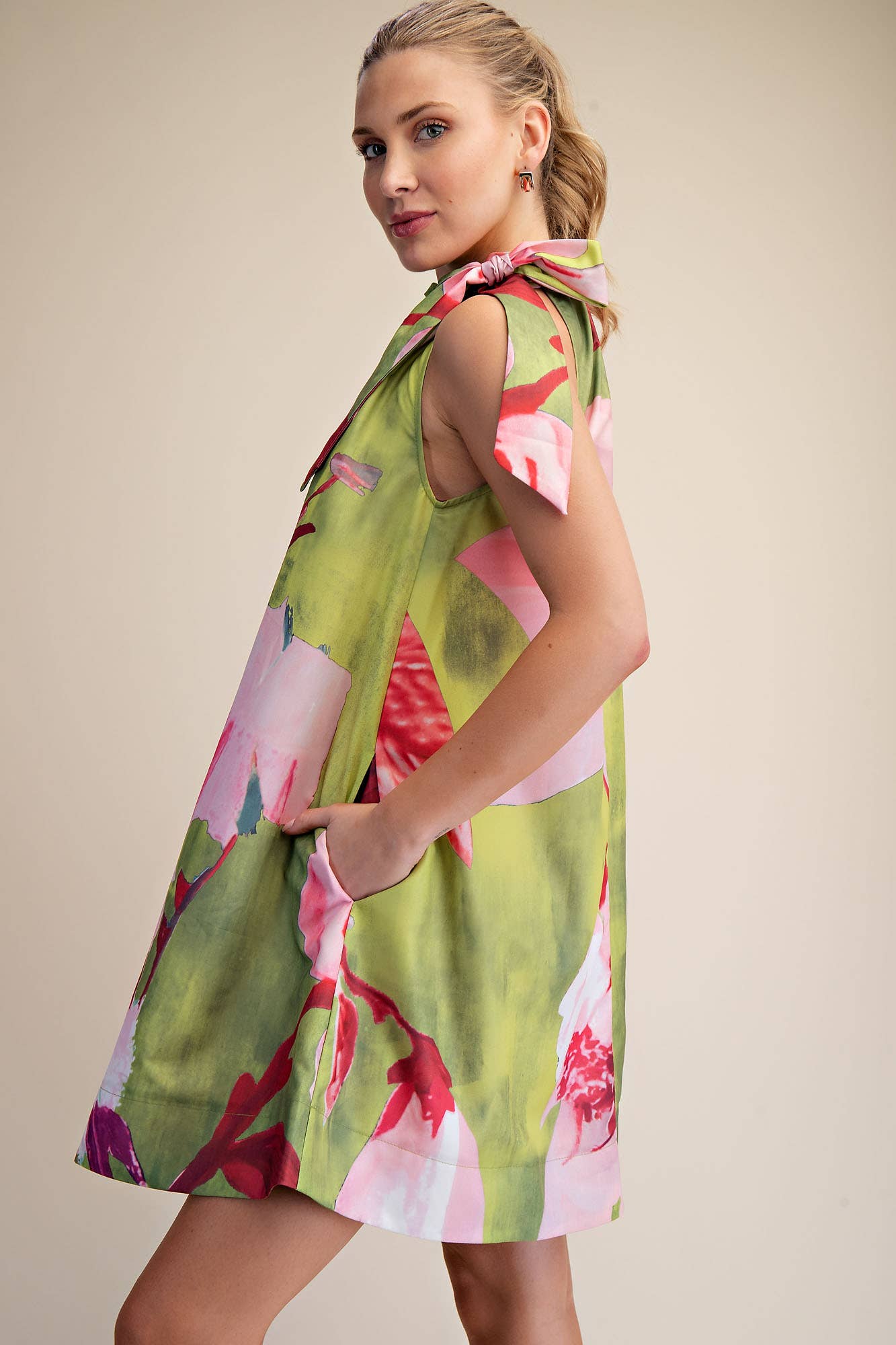 Mini Dress Ruffle Neck Tie Sleeveless Floral Print-Lime