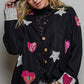 Notched Collar Star & Heart Applique Relaxed Blazer Jacket: Black / S