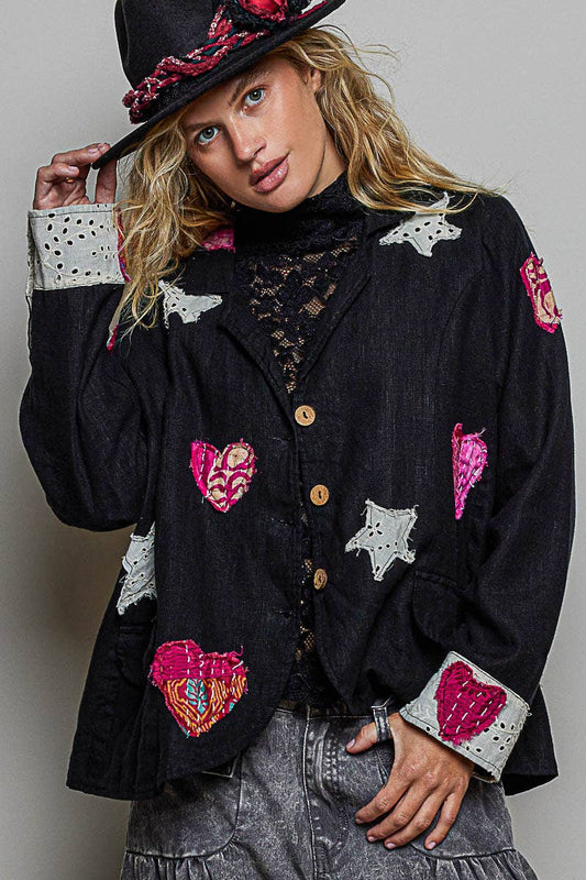 POL Clothing Star & Heart Appliqué Blazer – Black
