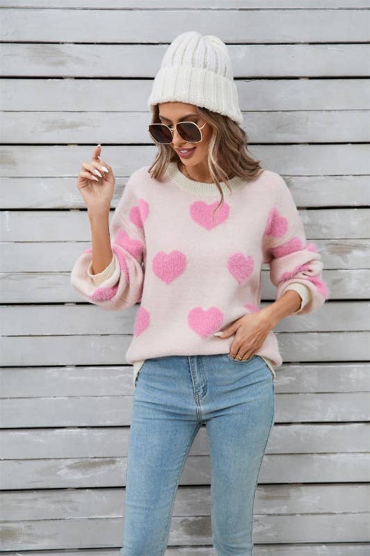 Fuzzy knit heart sweater: Pink