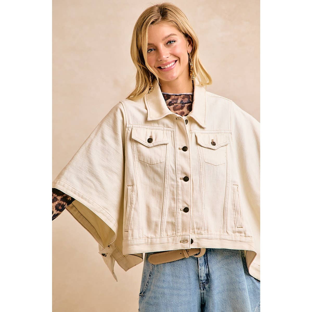 Preorder IVORY OVERSIZED CAPE SLEEVE CROPPED DENIM JACKET: IVORY