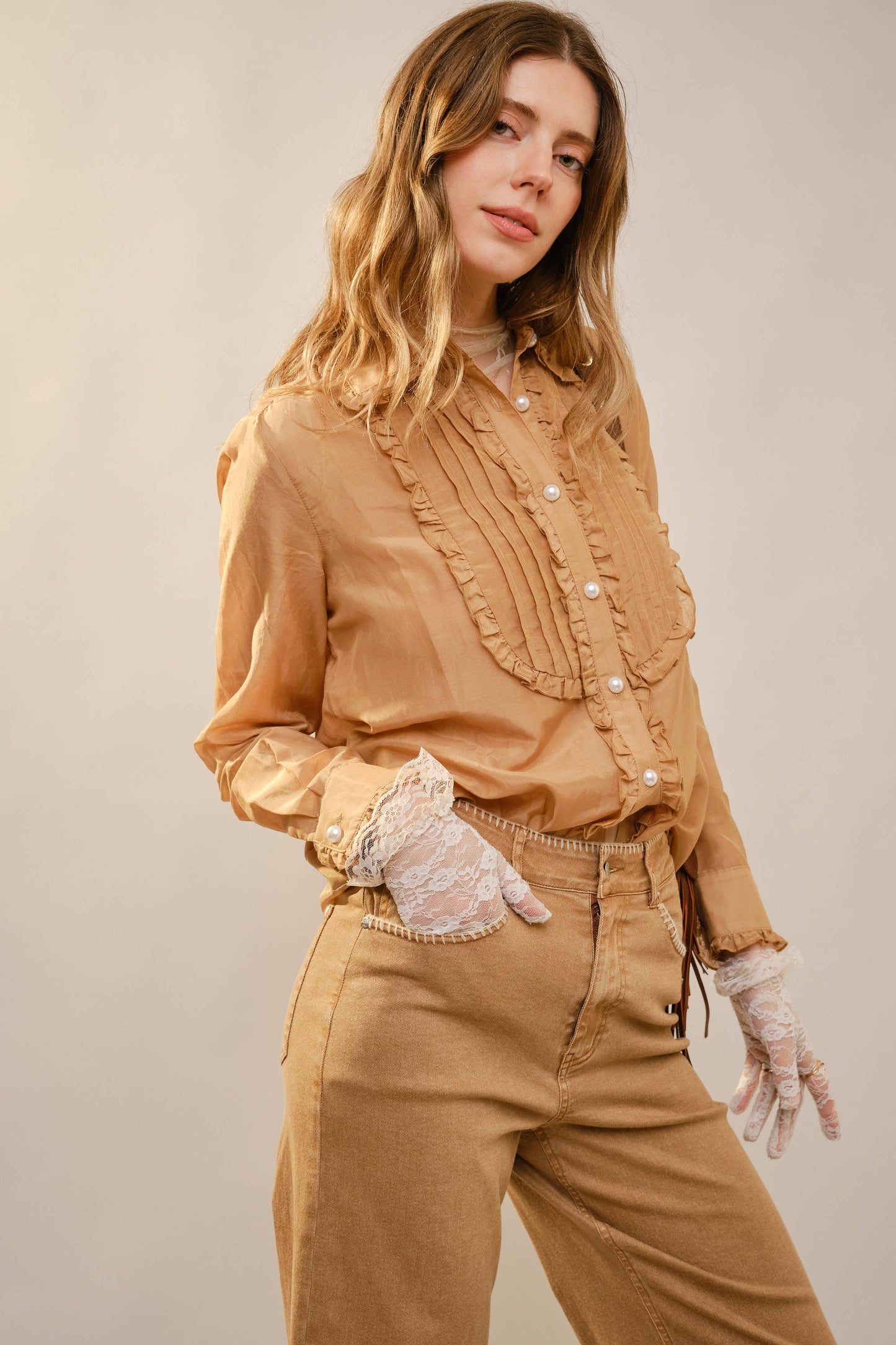 Ruffle Pleated Pearl Button Blouse