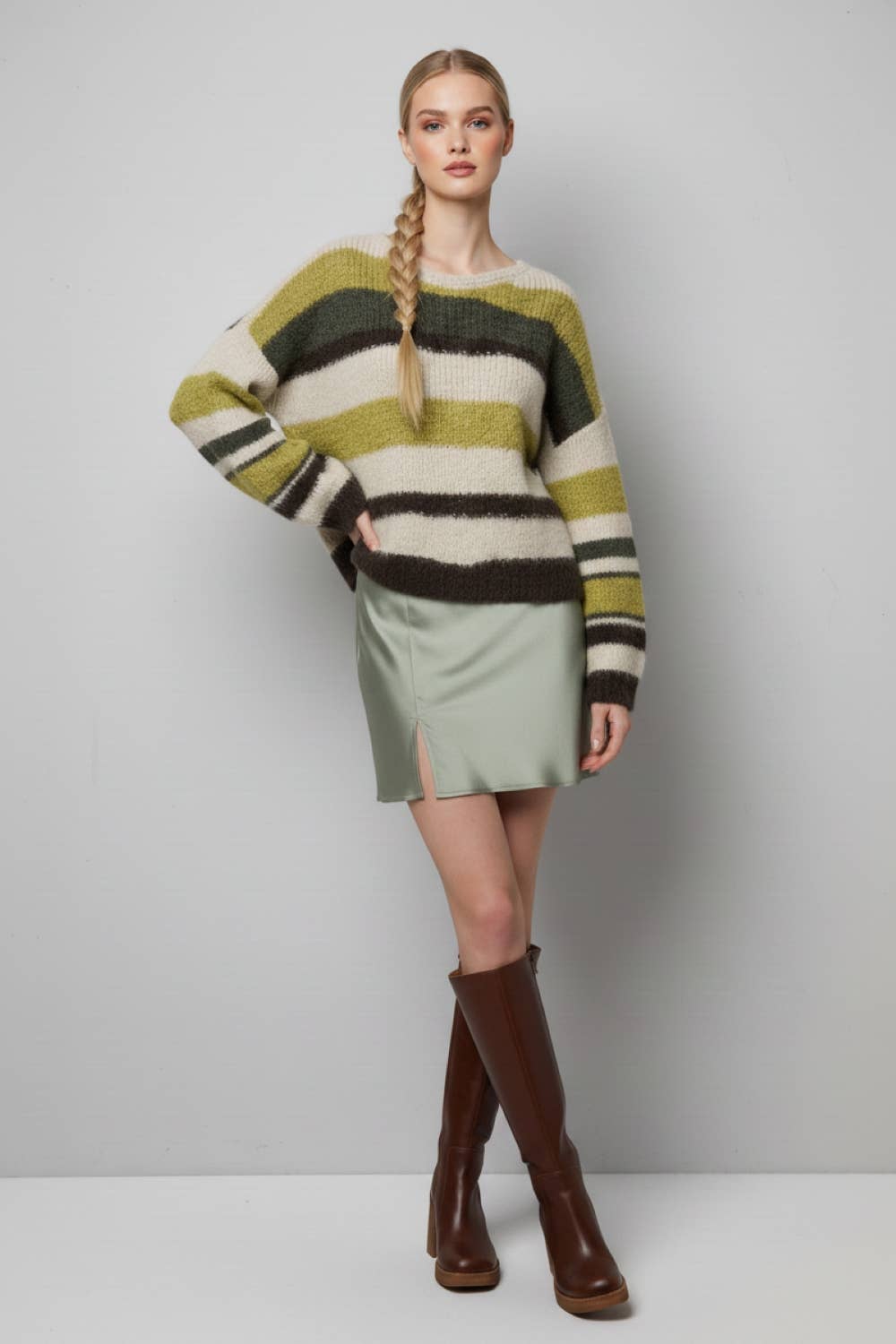Brushed Stripe Knit Sweater in Multi Green
