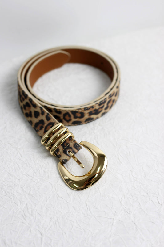 Leopard Print Leather Belt with Gold Buckle