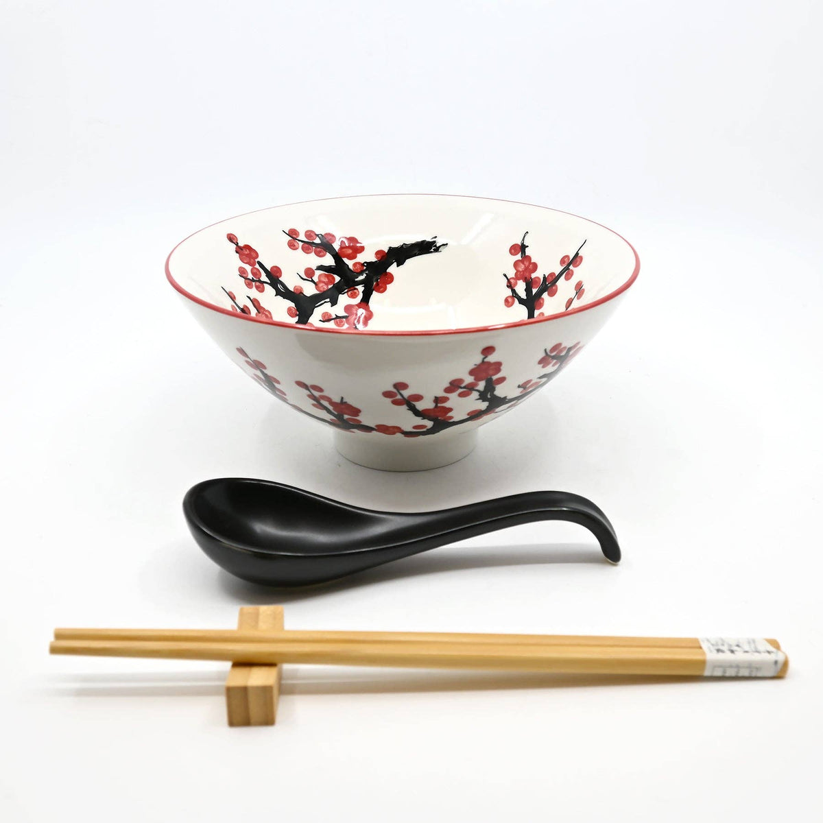 Sakura Porcelain Bowl Set with Chopsticks, Spoon and Rest (24 oz)