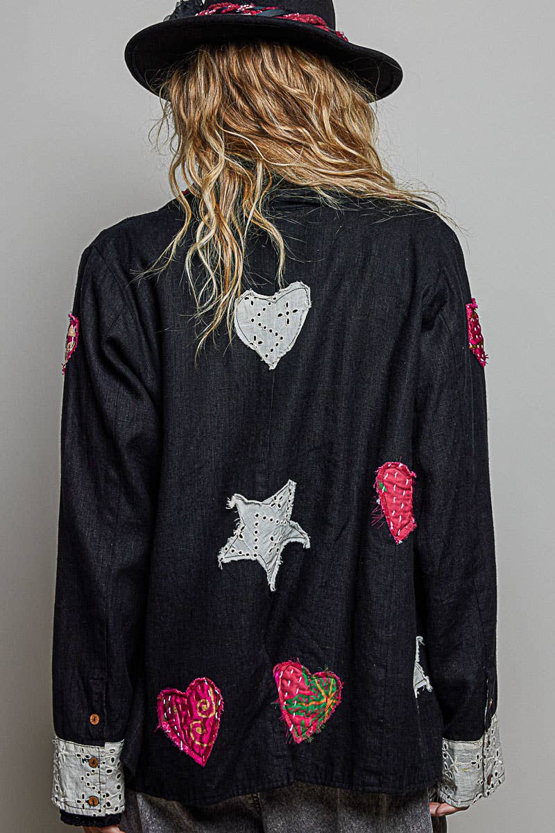 Notched Collar Star & Heart Applique Relaxed Blazer Jacket: Black / S