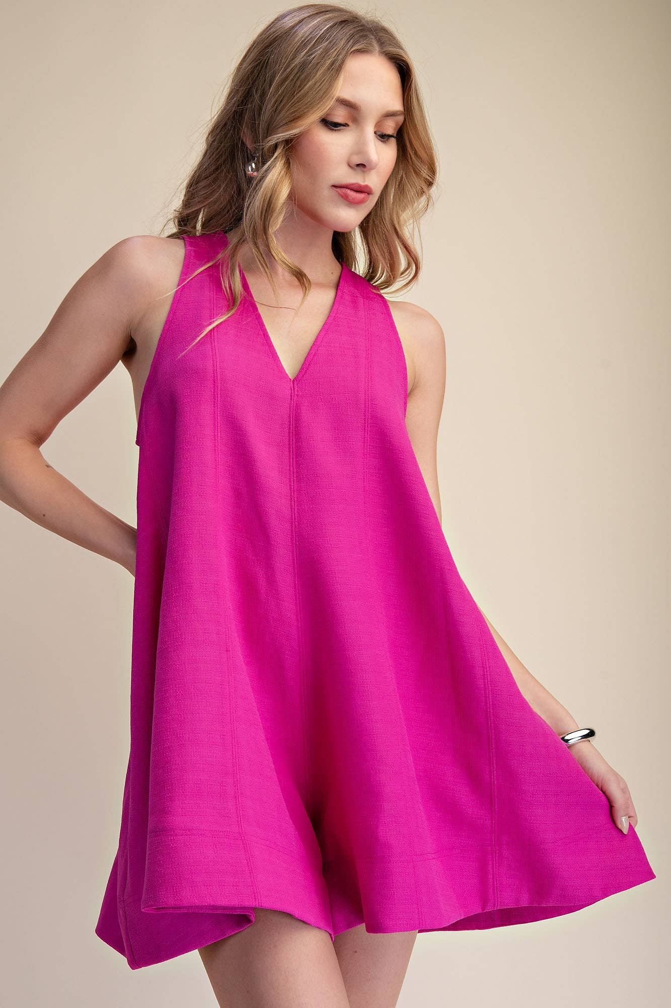 Flare Relaxed Romper V-Neck Sleeveless : Magenta