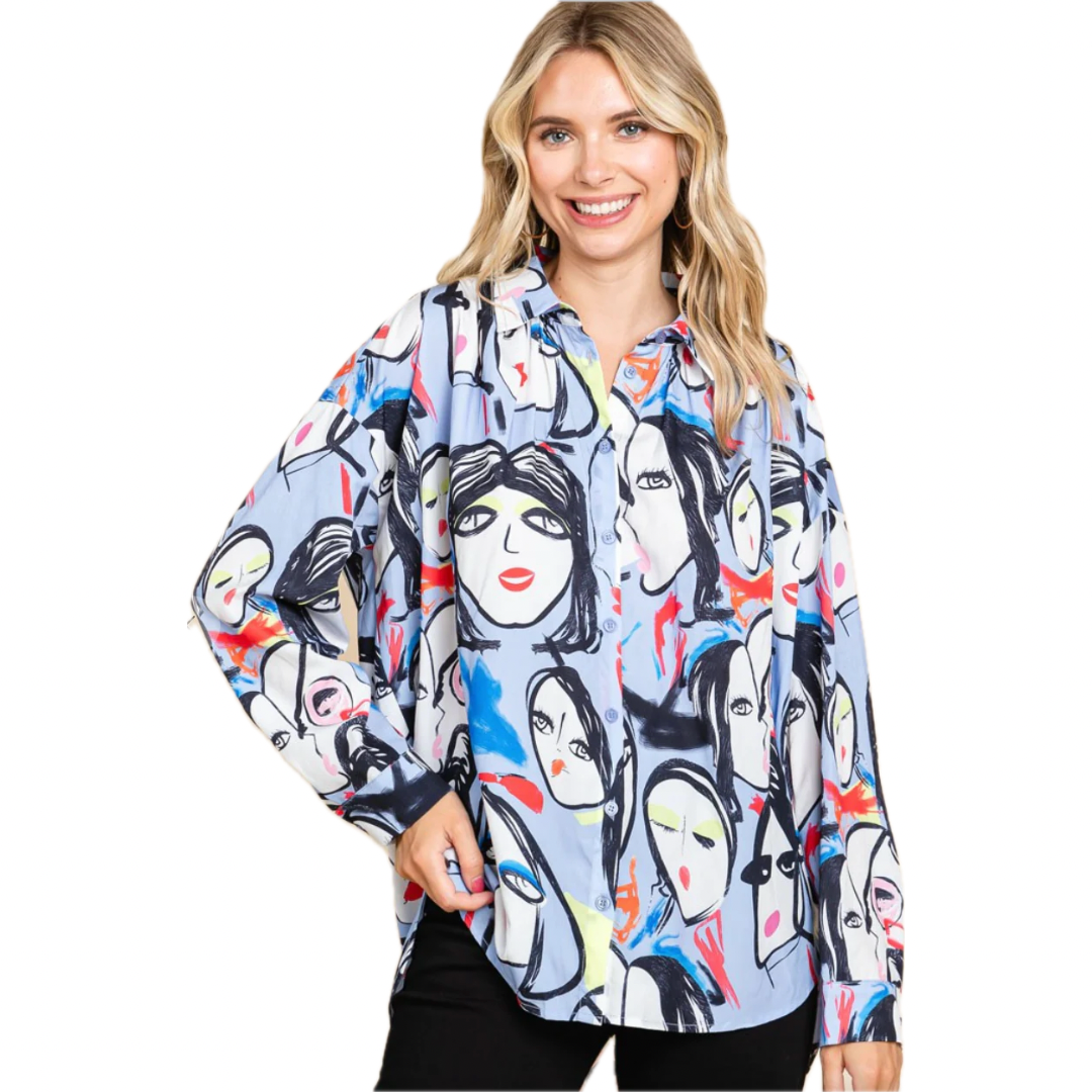 Modern Face Print Button Up To