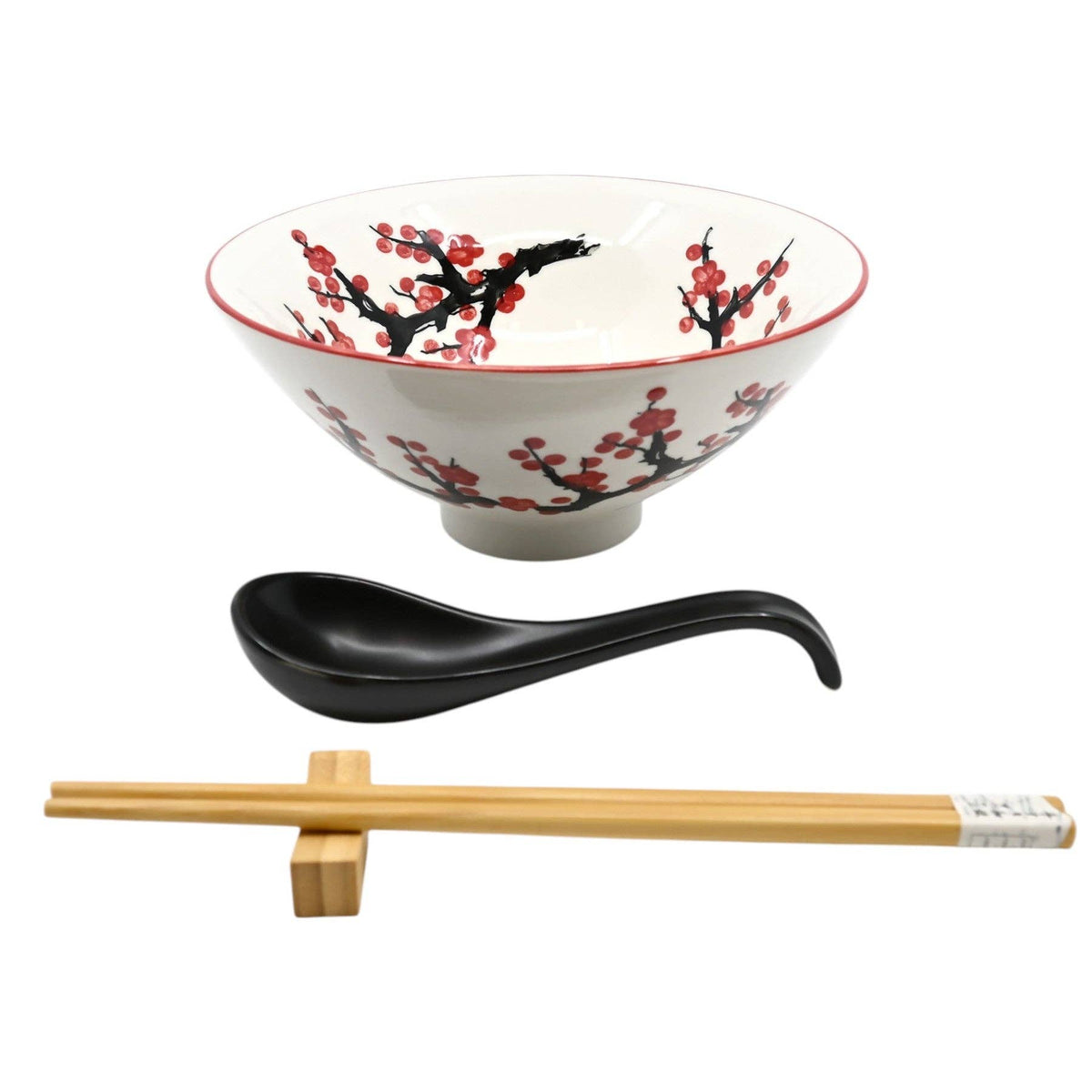 Sakura Porcelain Bowl Set with Chopsticks, Spoon and Rest (24 oz)