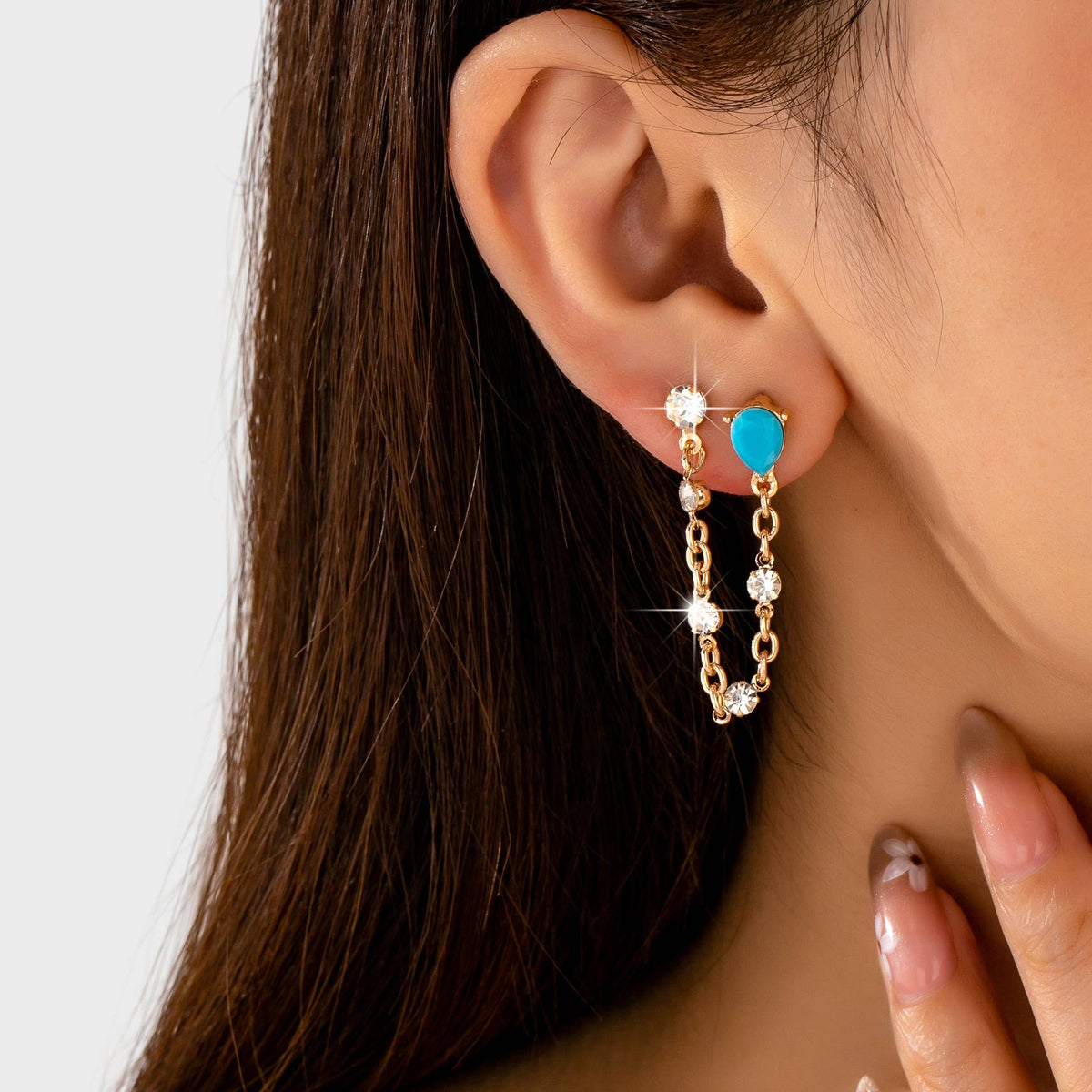 Turquoise Crystal Chain Loop Earrings GOLD