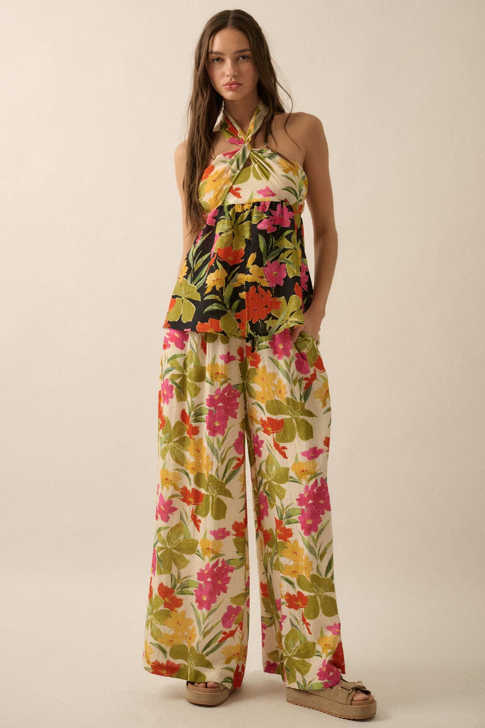 Two-Tone Floral Convertible Flyaway Halter Top