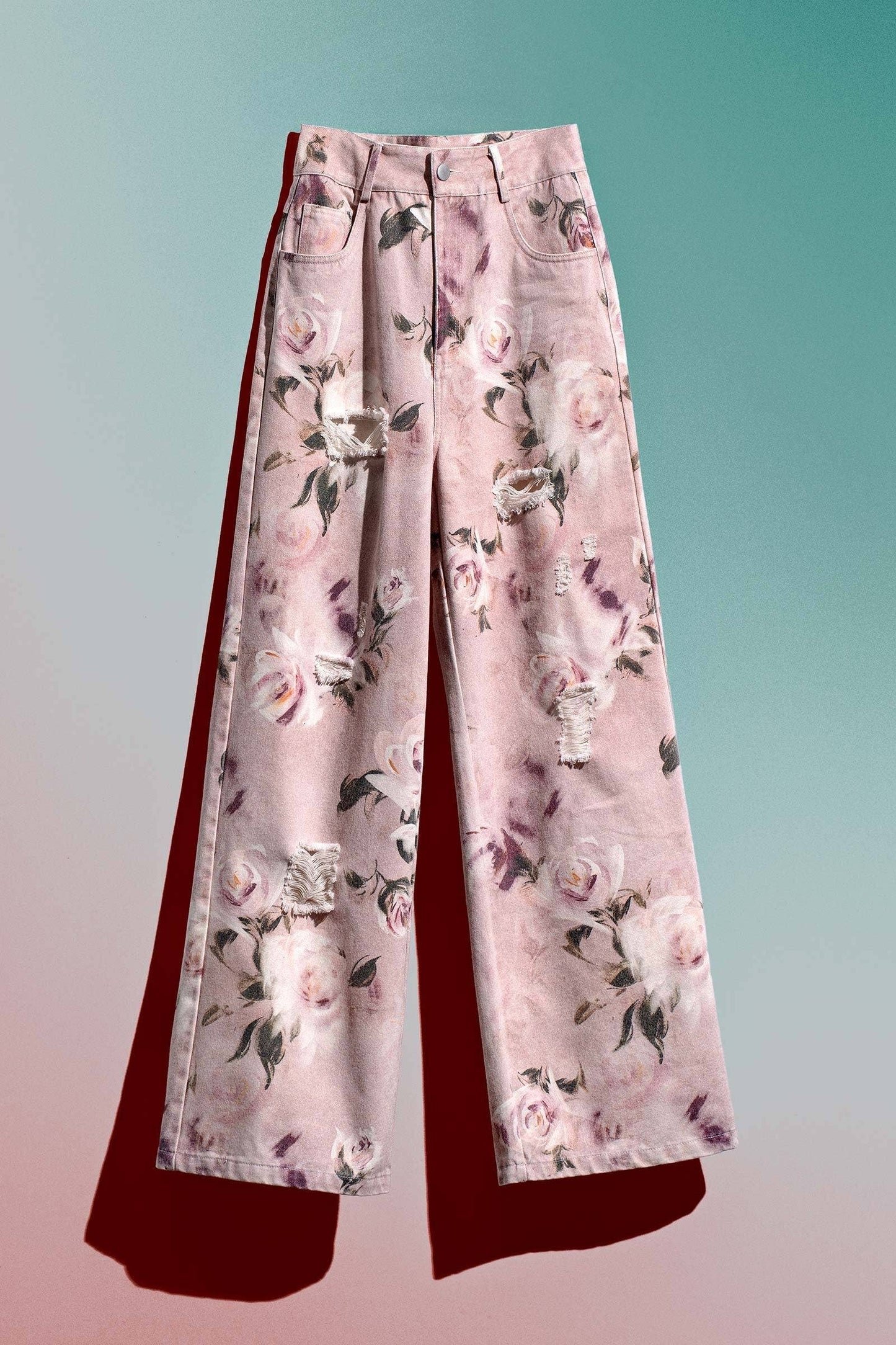 Rose Print High-Rise Denim Pants