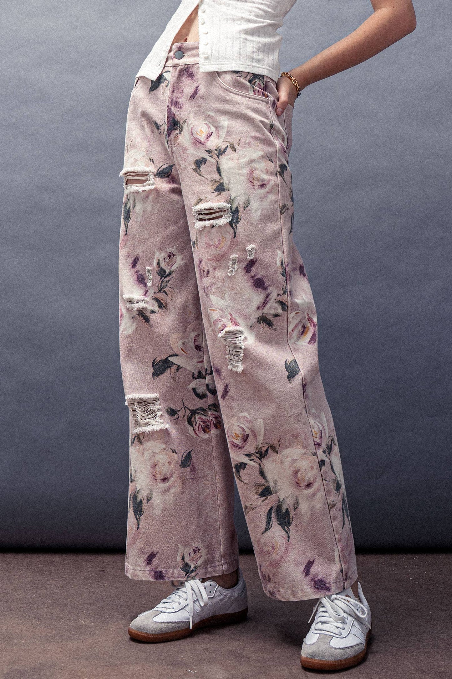Rose Print High-Rise Denim Pants