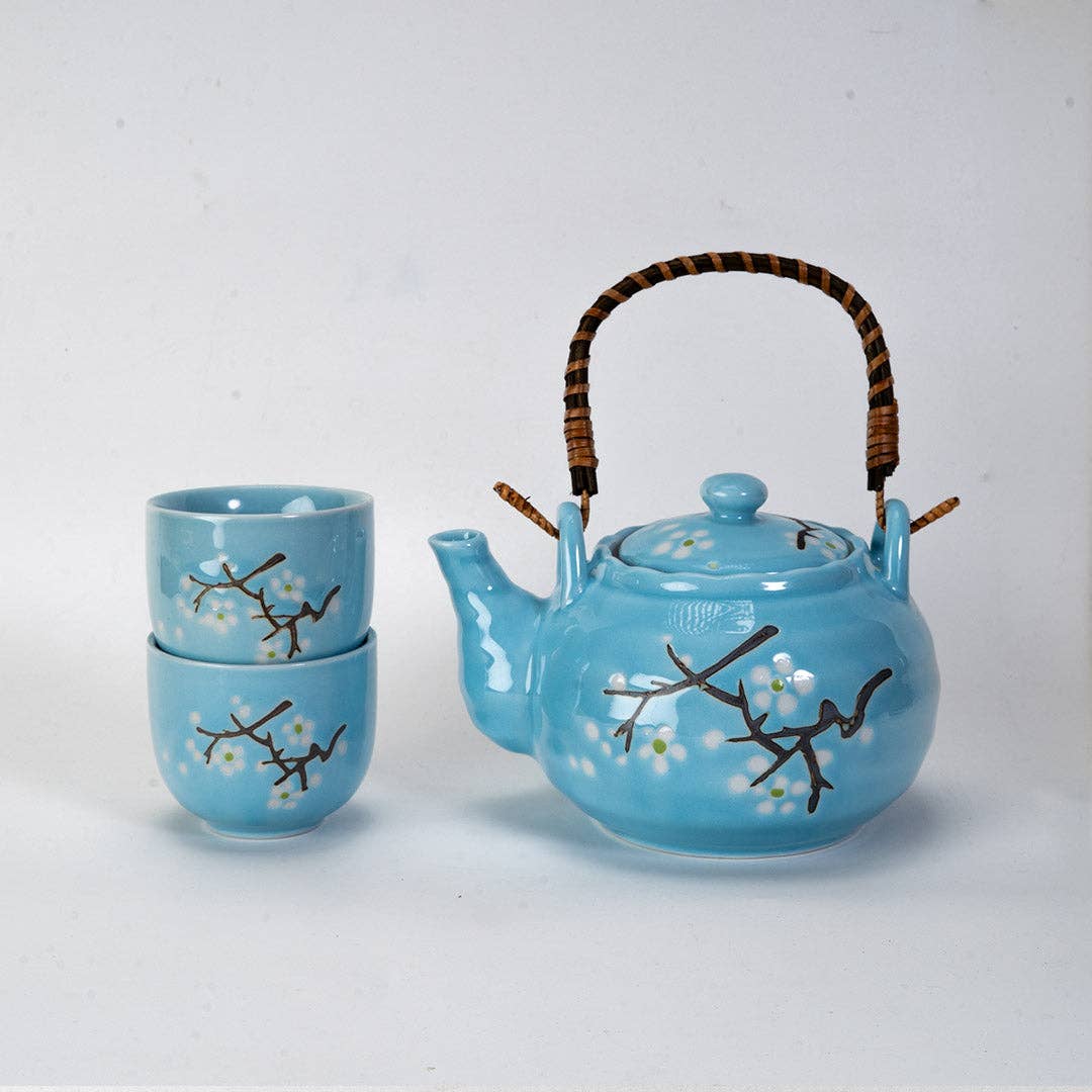 Blue Sakura Cherry Blossoms Tea Set 22oz Tea Pot with 2 Cups (1/12