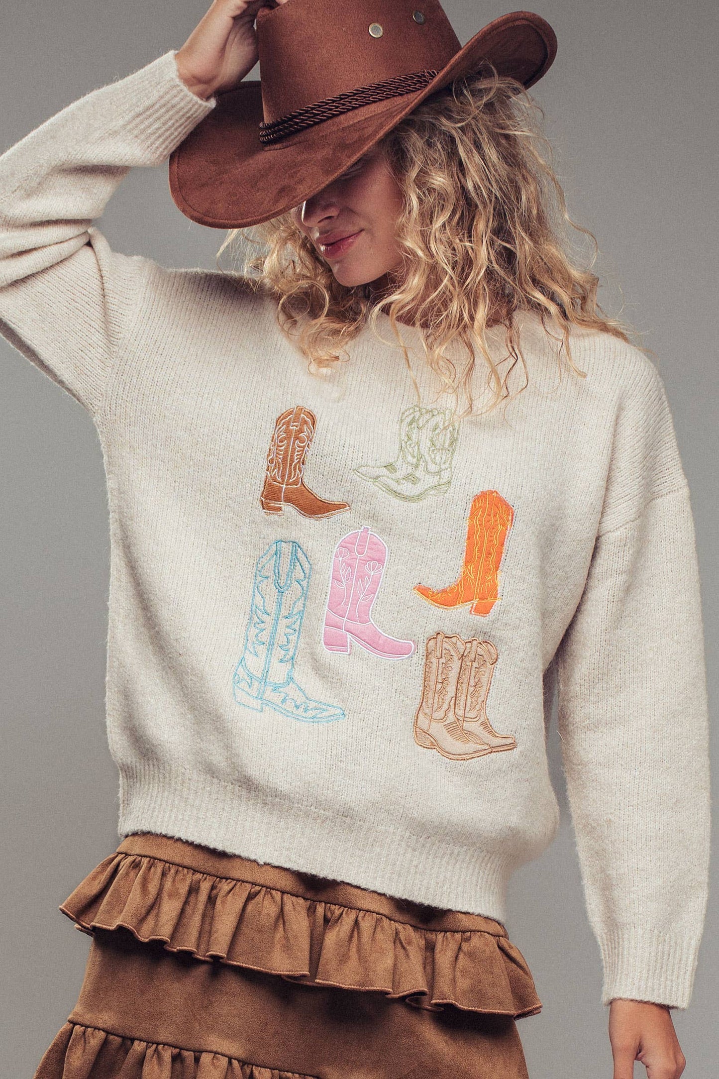 Western Embroidered Cowboy Boot Sweater