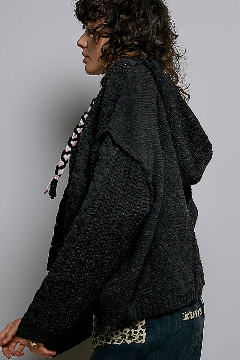 Oversize Fit V-neck Hooded Cable Knit Chenille Sweater  Black / L