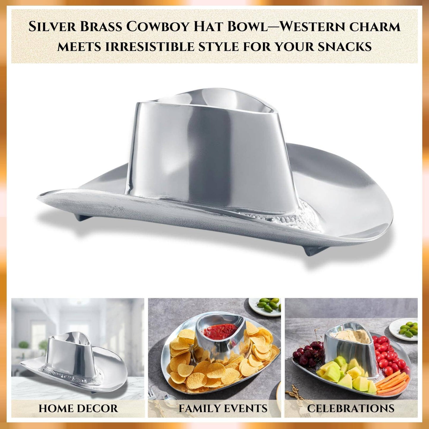 Western Cowboy Hat Chip & Dip Bowl – Silver Brass