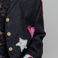 Notched Collar Star & Heart Applique Relaxed Blazer Jacket: Black / S