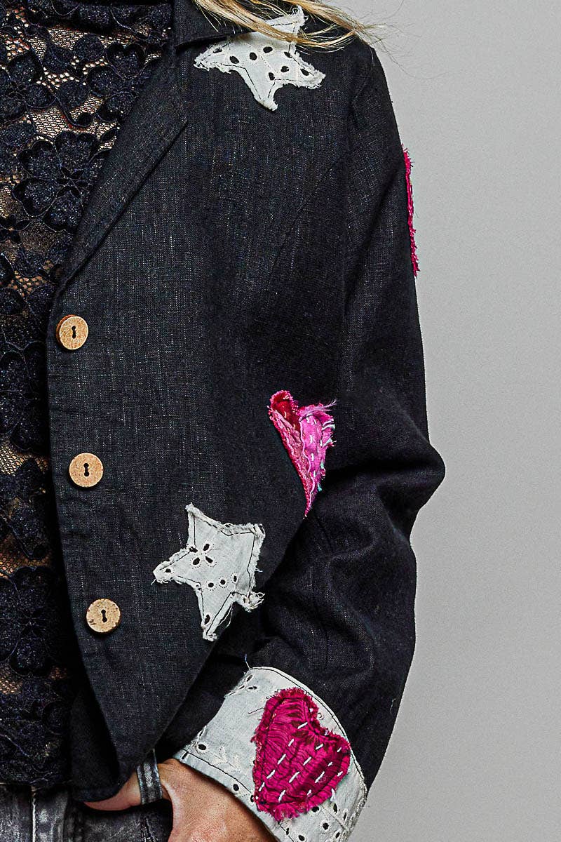 Notched Collar Star & Heart Applique Relaxed Blazer Jacket: Black / S