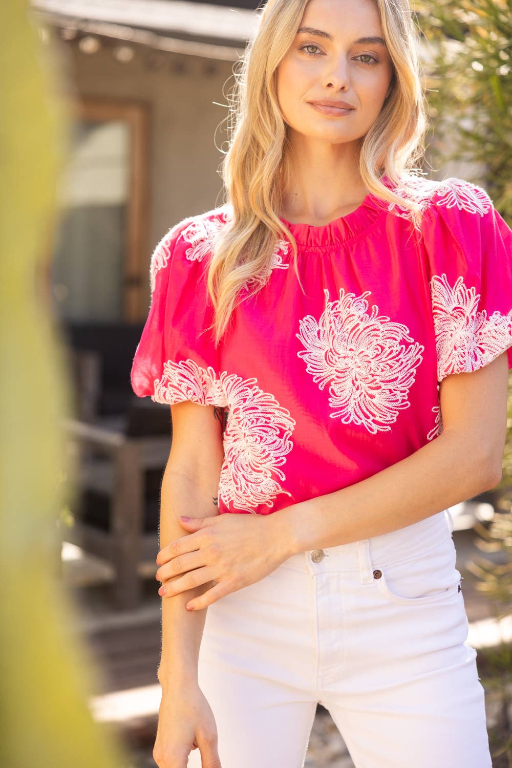 Floral Embroidered Bubble Sleeve  Top