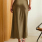 SATIN SLIP MIDI SKIRT: OLIVE