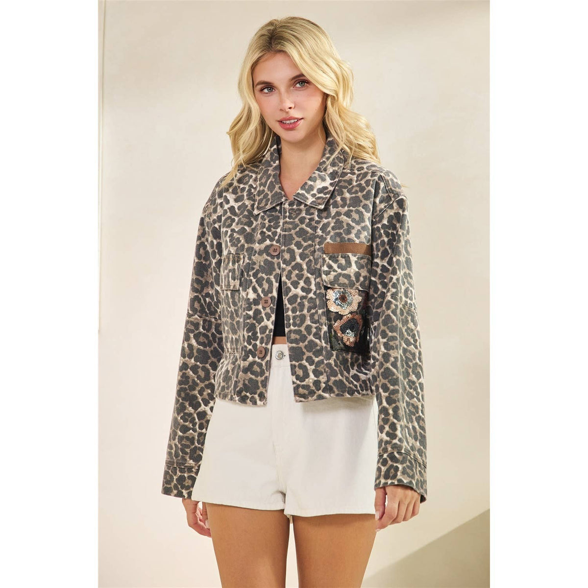Leopard Denim Jacket with Floral Sequin Back Contrast
