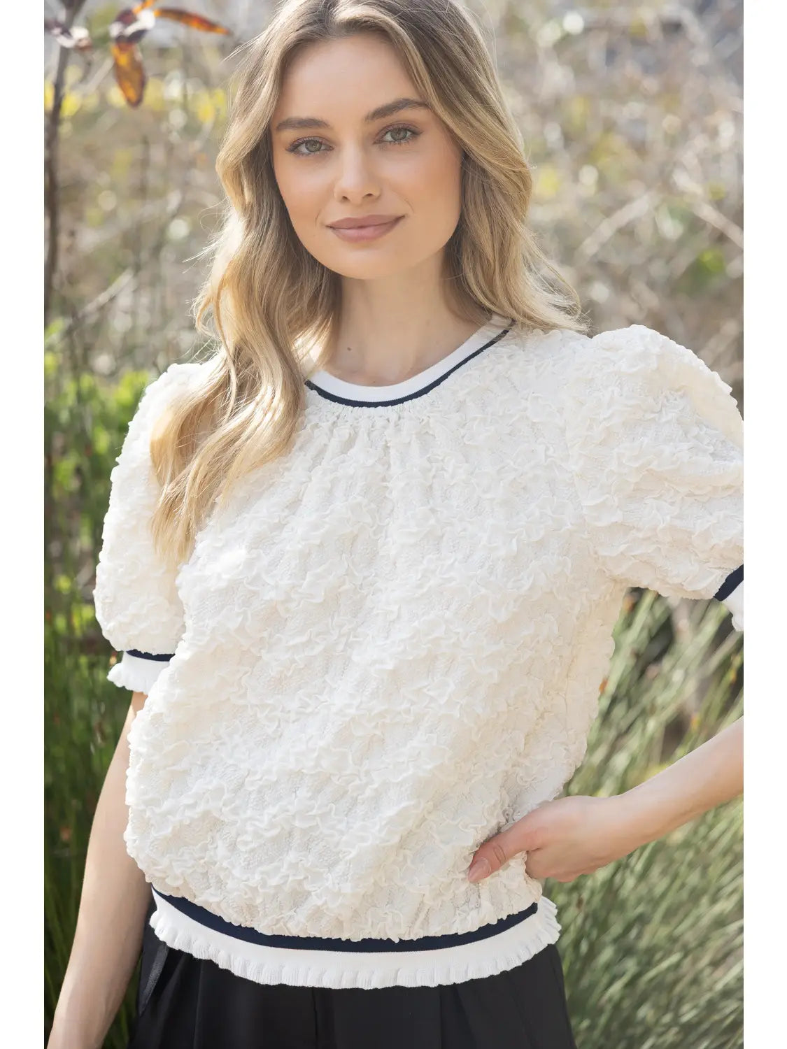 Short Puff Sleeve with Stripe Trim