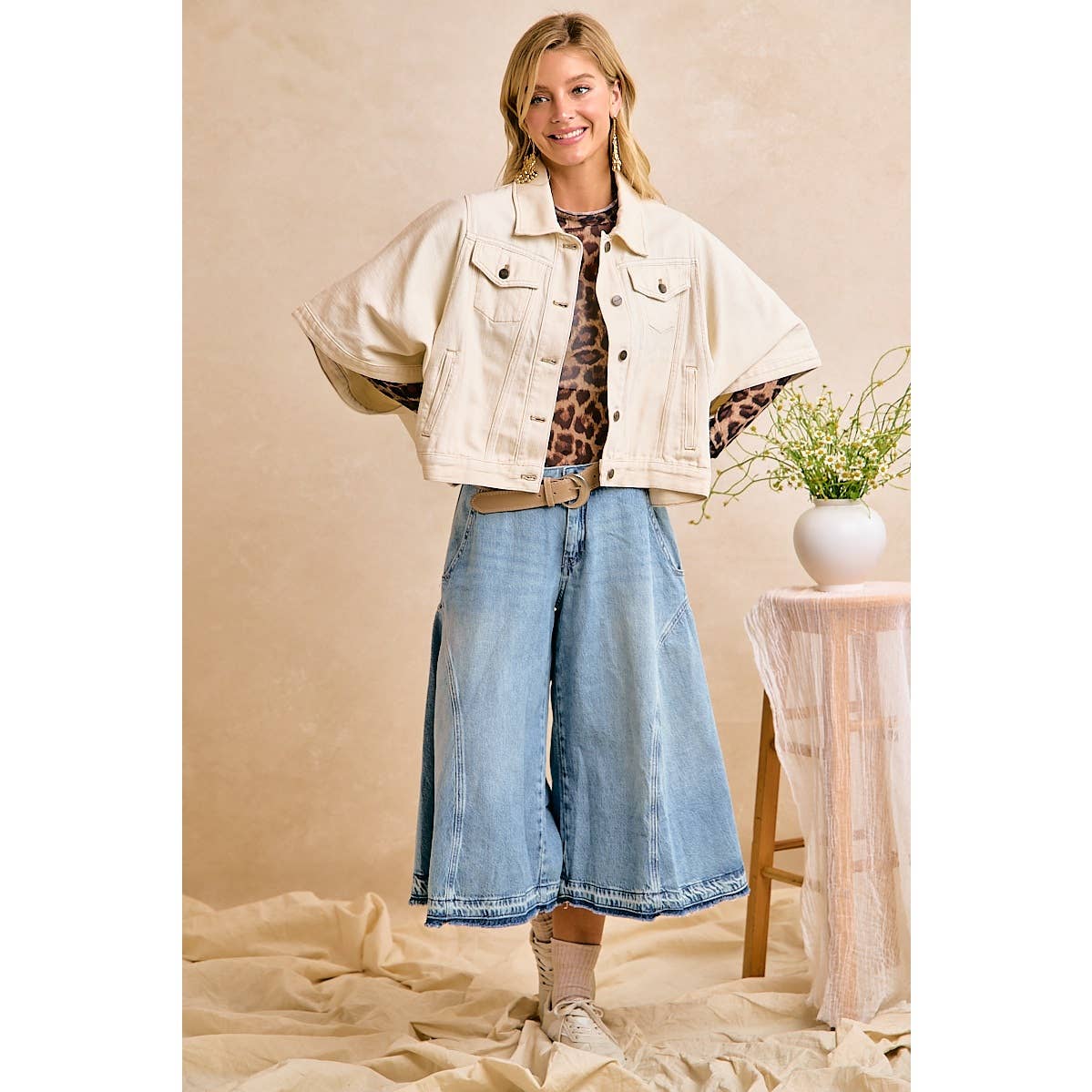 Preorder IVORY OVERSIZED CAPE SLEEVE CROPPED DENIM JACKET: IVORY