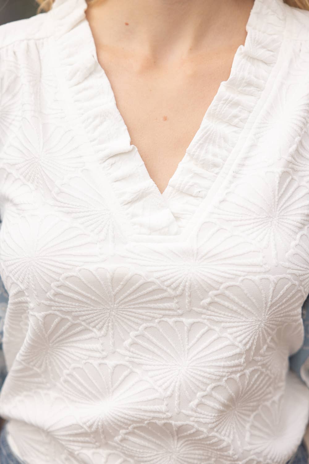 3-D Floral Contrast Sleeve Texture Top